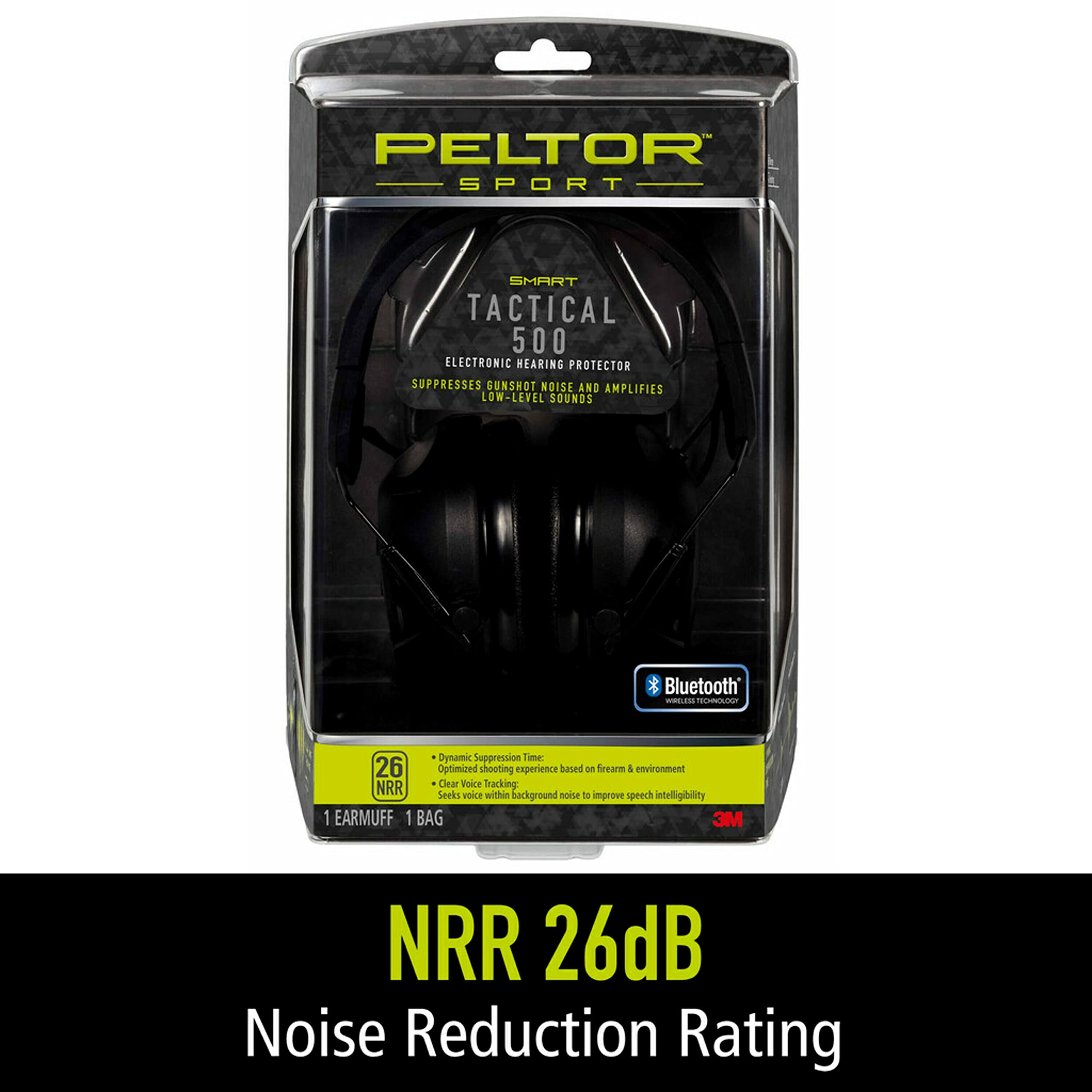 Peltor Sport Tactical 500 Smart Electronic Hearing Protector with Bluetooth Wireless Technology, NRR 26 dB, Bluetooth Headphones Ideal for the Range, Shooting and Hunting,Black