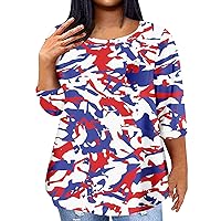 Womens 4Th of July Outfit, Plus Size Shirts for Women Oversized Shirts for Women Women's Casual Independence Day Printing Blouse 3/4 Sleeve Shirt Fashion Round Neck Summer Plus (White,5X-Large)