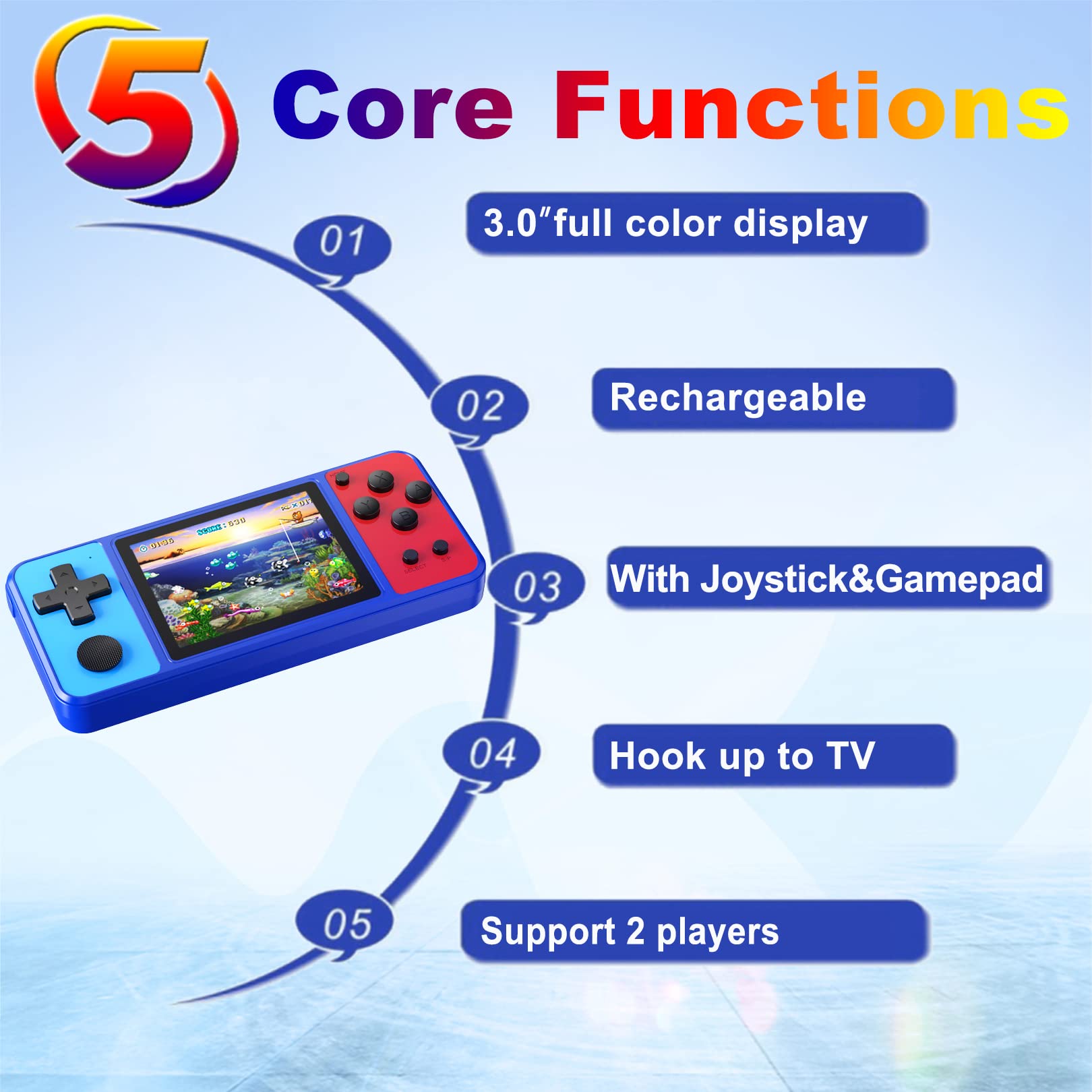 Great Boy Handheld Game Console for Kids Preloaded 270 Classic Retro Games with 3.0'' Color Display and Gamepad Rechargeable Arcade Gaming Player (Blue)