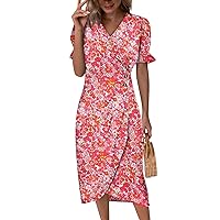 Womens Sun Dresses Summer Casual Summer Dresses for Women, 2024 Spring Summer Fashion Side Button Floral Dress, Short Sleeve V Neck Splice Dresses Red Medium