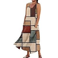 Cruise Outfits for Women Vintage Dress for Women Fashion Print Casual Loose Flowy Beach Dresses Sleeveless U Neck Linen Dress with Pockets Khaki Small