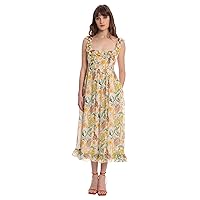 Donna Morgan Women's Floral Printed Midi Dress with Ruffle at Square Neck and Hem