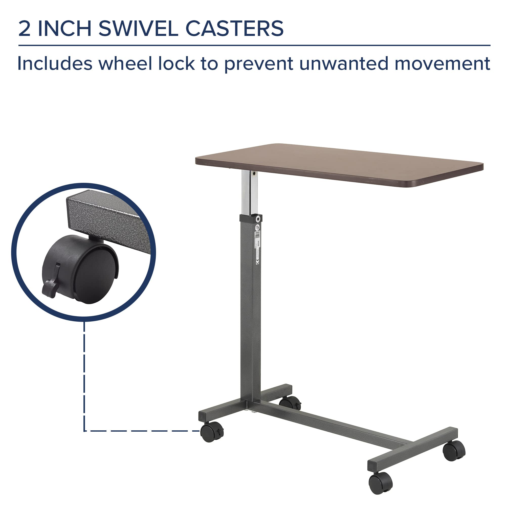 Drive Medical 13067 Adjustable Non Tilt Top Overbed Table With Wheels for Hospital and Home Use, Standing Desk, Silver Vein