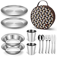 Odoland Camping Complete Messware Kit, Polished Stainless Steel Camp Dinnerware, Camping Cooking Tableware, Cutlery Organizer Utensil with Plates and Bowls Set for Backpacking, Hiking, Picnic