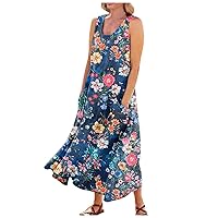 Summer Dresses for Women 2024 Printed Vacation Beach Dress with Pocket Sleeveless Trendy Dress Flowy Swing Sun Dress