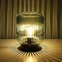 Battery Operated Lamp, Cordless Table Lamps for Home Decor, Battery Powered Nightlight with LED Bulb, Decorative Glass Beside Lamp for Bedroom Living Room-Green