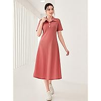 Women's Dresses Women's Polo Neck Button Front Tee Dress Dress for Women (Color : Watermelon Pink, Size : Small)