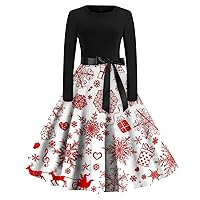 Holiday Dresses for Women Christmas Printed Flared Dress Round Neck Long Sleeve Dresses Party Casual Dresses