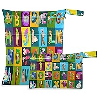 visesunny Animals Alphabet Set ABC 2Pcs Wet Bag with Zippered Pockets Washable Reusable Roomy Diaper Bag for Travel,Beach,Daycare,Stroller,Diapers,Dirty Gym Clothes,Wet Swimsuits