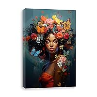 DOARTDO African Black Woman Canvas Wall Art Abstract Color Girl Portrait Painting Woman Floral Hair Picture Print for Office Bathroom Frame Decor (Woman - 3, 24.00