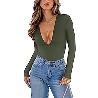 REORIA Women's Sexy Plunge Deep V Neck Long Sleeve Bodysuit Double Lined Going Out T Shirt Tops