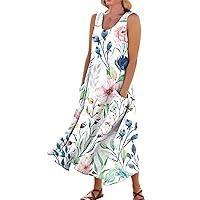 Sun Dresses for Women 2024 Vacation Floral Dress for Women 2024 Summer Bohemian Print Casual Loose Fit with Sleeveless U Neck Linen Dresses Mint Green Medium