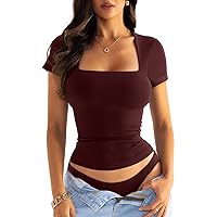Women Seamless Square Neck Tops Built in Bra Short Sleeve Fitted T Shirts Summer Shirts 2024