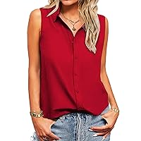 SoTeer Women's Sleeveless Button Down Shirts Casual Work Blouses Solid Loose V Neck Tank Tops S-2XL