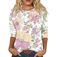 Casual 3/4 Sleeve Tops for Women Summer Button Down Printed Baggy Fit Shirts Fashion Going Out Tees Blouse
