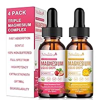 Magnesium Glycinate Liquid Drop -Extra Strength Triple Magnesium Complex w/Citrate, Calcium, L-Theanine, D3,B6,B12 for Night, Heart, Leg Cramps, Muscles, Energy, Sugar-Free Strawberry+Pineapple, 2Pack