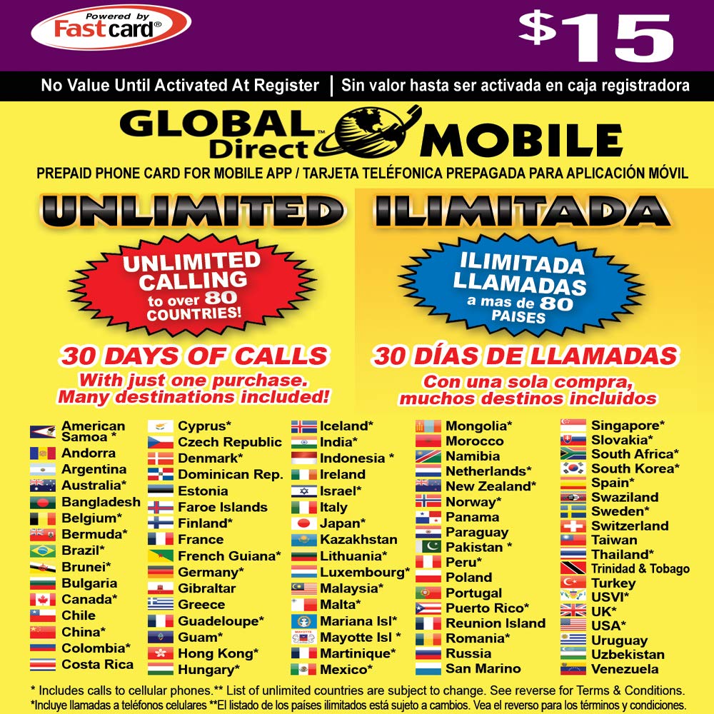$15 Global Direct Unlimited Phone Calling Card - Unlimited International and Domestic Long Distance Calls for 30 Days | prepaid International Phone Card, International Calling Card, prepaid Calling
