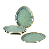 Henten Home Ceramic Dessert Plates, Drop Shape Snack Plates Set of 4, 6.75 Inch Porcelain Cake Plates, Small Salad Plate for Kitchen, Serving Stoneware Dishes, Reactive Glaze (Green)