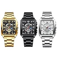 JewelryWe Watches Men's Stainless Steel Square: Luxury Date Calendar 30 m Waterproof Analogue Quartz Wrist Watch Men Stainless Steel Bracelet Watch with Rectangular Dial and Luminous Hands
