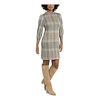 London Times Womens Gray Zippered Houndstooth Elbow Sleeve Mock Neck Above The Knee Wear to Work Sheath Dress Petites PS