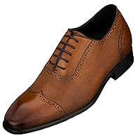 CALTO Men's Invisible Height Increasing Elevator Shoes - Brown Premium Leather Lace-up Wing-tip Formal Oxfords - 2.4 Inches Taller - Y1066