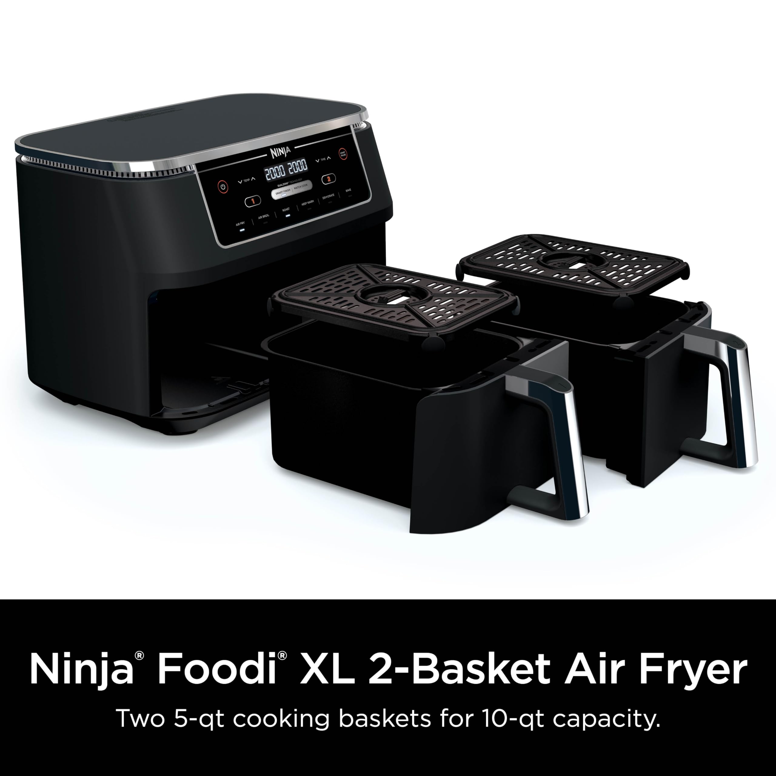 Ninja DZ302 Foodi 10-qt. 6-in-1 DualZone Smart XL Air Fryer with 2 Independent Baskets, Match Cook & Smart Finish to Air Fry, Air Broil, Roast, Bake, Dehydrate, & Keep Warm, Black