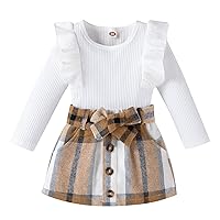 Little Kids Toddler Baby Girl Fashion Outfits Knitted T-Shirt Tops Plaid Mini Skirt Set 2Pcs Spring Fall Winter Clothes