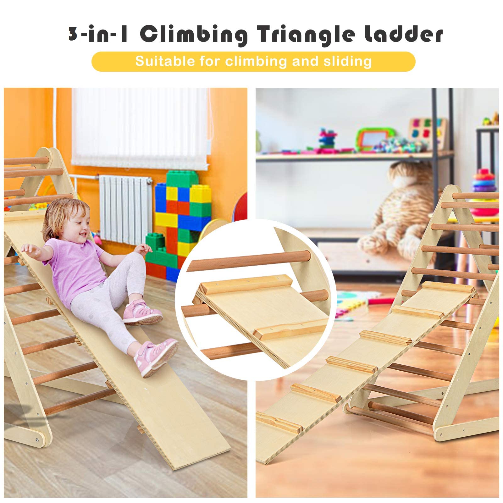 Costzon Foldable Triangle Climber with Reversible Ramp, 3 in 1 Climbing Toys for Toddlers Wooden Montessori Play Gym for Sliding & Climbing, Indoor Playground Ladder for Boys Girls Gift Present