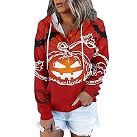 Womens Halloween Sweatshirts 2023 Long Sleeve Pumpkin Graphic Cute Drawstring Hoodie Pullover with Pocket Hoodies