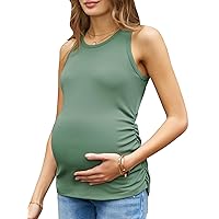 Women's Maternity Tank Tops Summer Sleeveless Crew Neck Ribbed Knit Slim Fitted Blouse Side Ruched Pregnancy Shirts