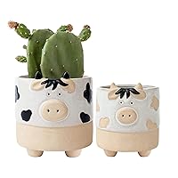 LA JOLIE MUSE Ceramic Animal Succulent Plant Pots - 5.7 + 4.4 Inch Cute Cow Shaped Half Glazed Rough Pottery Indoor Planters for Flower Cactus, Home Decor Gifts for Mom