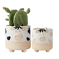 LA Jolie Muse Ceramic Animal Succulent Plant Pots - 5.7 + 4.4 Inch Cute Cow Shaped Half Glazed Rough Pottery Indoor Planters for Flower Cactus, Home Decor Gifts for Mom