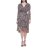Tommy Hilfiger Women's Petite Fit and Flare Midi Long Sleeve Faux Wrap Chiffon