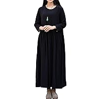 Women's Casual Loose 3/4 Sleeved Spring/Fall Black Cotton Maxi Linen Dresses