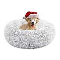 Calming Dog Bed for Medium Dogs, Anti Anxiety Donut Dog Bed, Round Dog Bed for Puppy, Plush Faux Fur Dog Bed, Fluffy Dog Bed, Soft Fuzzy Pet Bed, Machine Washable, 23x23inch Grey