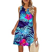 Daily Deals Sun Dresses for Women Casual Hawaii Print Fashion Sexy Slim Fit with Sleeveless Halter Kehole Neck Summer Dress Dark Blue Medium