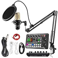 Podcast Microphone Bundle, BM-800 Condenser Mic with Live Sound Card Kit, Podcast Equipment Bundle with Voice Changer and Mixer Functions for PC Smartphone Studio Recording & Broadcasting