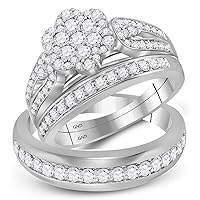 The Diamond Deal 10kt White Gold His & Hers Round Diamond Cluster Matching Bridal Wedding Ring Band Set 1-1/3 Cttw