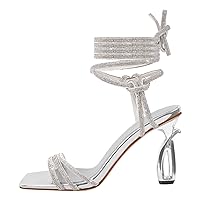 LISHAN Women's Square Open Toe Strappy Crystal Stilettos Glitter Silver Sandals