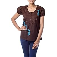 NOVICA Artisan Handmade Cotton Blouse Crafted Brow Paisley Clothing Top Brown Patterned India 'Chocolate Paisley'