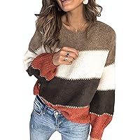 Dokotoo Womens Color Block Sweaters Long Sleeve Crewneck Pullover Knit Jumper Tops