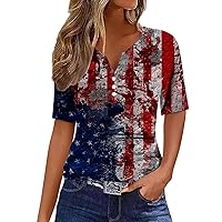 Womens Short Sleeve V Neck T-Shirts Summer Loose Casual Zipper Tee American Flag Patriotic Blouses 4th of July