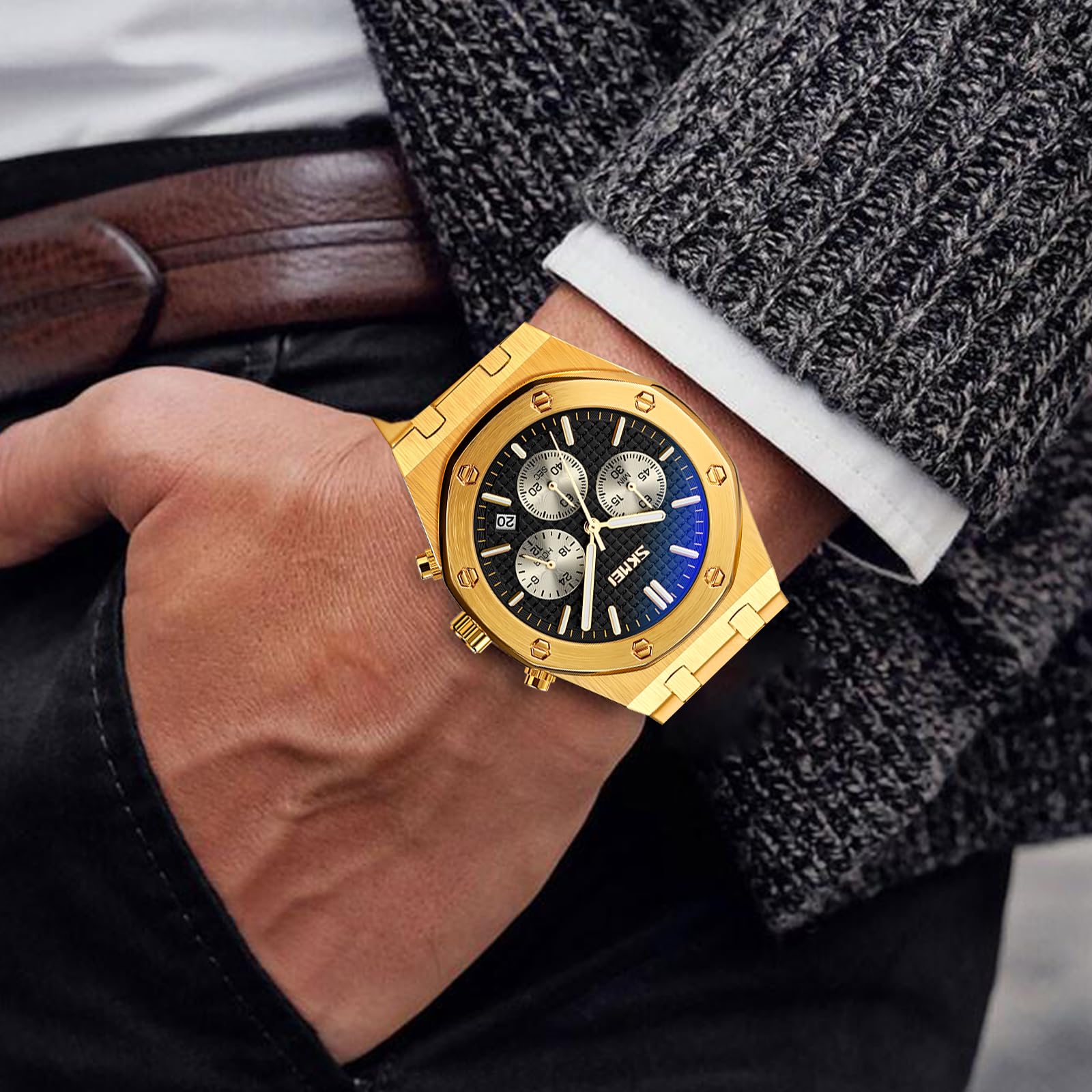 Herren Edelstahl Chronograph Kleid Uhr Stahlband Herrenuhren Wasserdicht Sport Militär Uhren Klassische Luxus Business Kleid Uhren für Männer mit Datum