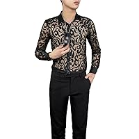 Autumn Sexy Transparent Lace Shirt Men Clothing Simple Slim Fit Long Sleeve Club/Prom Tuxedo
