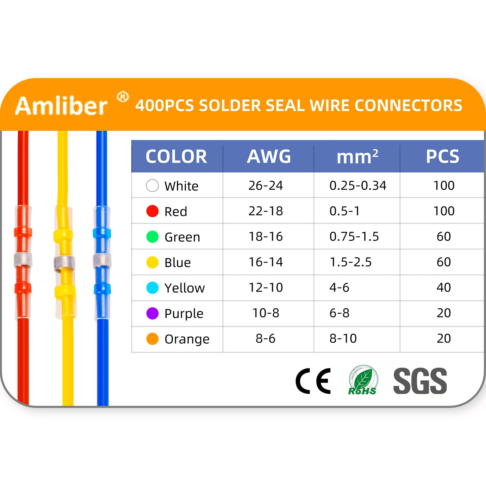 Amliber 400PCS Solder Seal Wire Connectors 26-6 Gauge, Heat Shrink Butt Connectors Solderstick Waterproof Wire Electrical Connector Kit for Marine Automotive Boat Truck Wire Joint