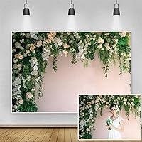 7x5ft Floral Wedding Backdrop Green Leaves Pink White Flowers Wall Photography Background for Wedding Bridal Shower Girls Baby Shower Birthday Party Decorations Photo Booth Props Vinyl