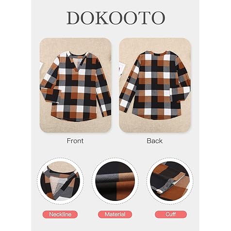 Dokotoo Womens Basic Casual V Neck Plaid Print Cotton Cuffed Long Sleeve Work Tops Blouses Shirts S-3XL