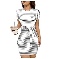 Women's Short Sleeve Striped Bodycon Dresses Crewneck Strappy Belted Pencil Dress