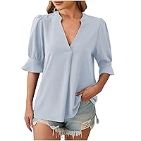 Ladies V Neck Dressy Shirts Hide Belly Short Sleeve T-Shirt Sexy Casual Summer Tunic Pleated Loose Fit Tunic Tops