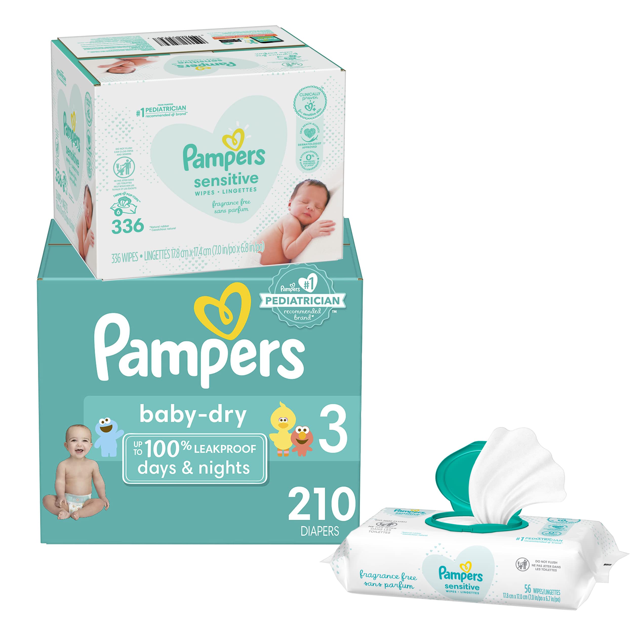 Diapers Size 3, 210 Count and Baby Wipes - Pampers Baby Dry Disposable Baby Diapers, ONE MONTH SUPPLY with Baby Wipes Sensitive 6X Pop-Top Packs, 336 Count (Packaging May Vary)